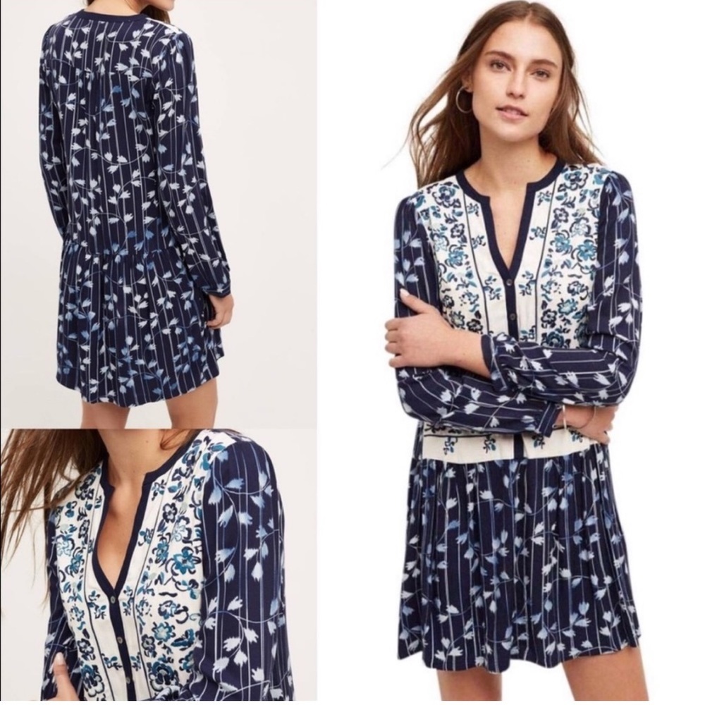 Anthropologie Tiny Navy Semele Floral Long Sleeveβ Tunic Shirt Dress Embroidered